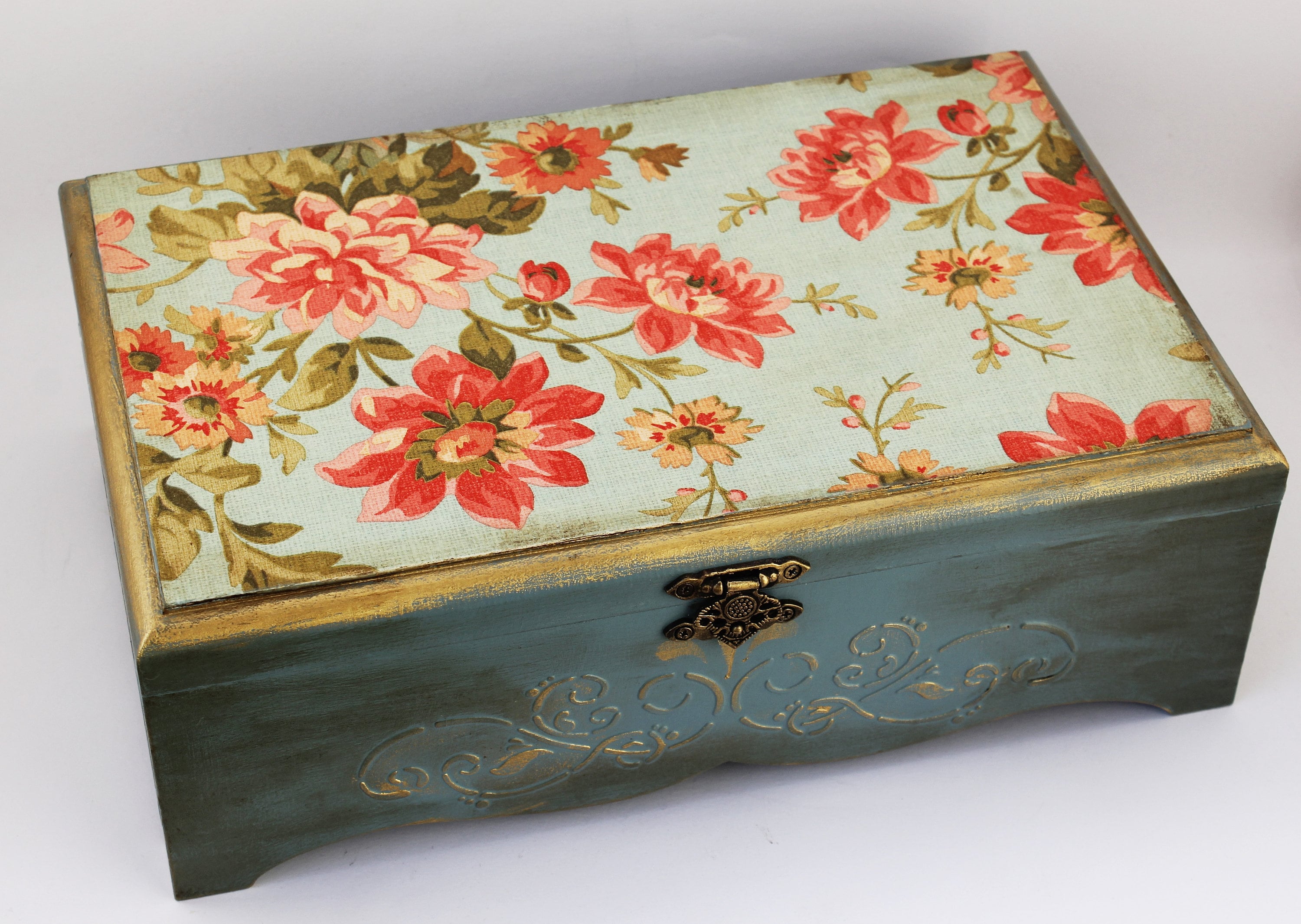 Large jewelry box roses blue keepsake box photo storage box Etsy