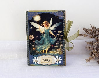 Small retro chic junk journal handmade with vintage fairies and mushrooms, mini shabby notebook pocket size diary for girl who love to write