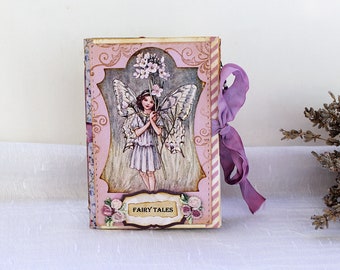 Small handmade retro chic junk journal with vintage fairies, mini shabby travelers notebook, pocket size diary for girls who love to write
