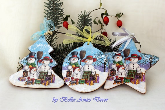 Christmas Decorations Wooden Xmas Ornaments Cute Snowman Etsy