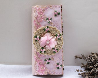 Soft cover Shabby tall slim journal, handmade retro chic junk journal with roses, diary for women who love to write, gift for mother or aunt