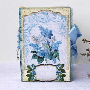 Diario retrò chic fatto a mano in blu e lilla, taccuino da viaggio shabby con tasche, regalo carino per donne o ragazze, regalo per la festa della mamma