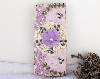 Handmade clutch junk journal with purple roses, Soft cover shabby tall slim notebook, retro chic diary for women and girls who love to write