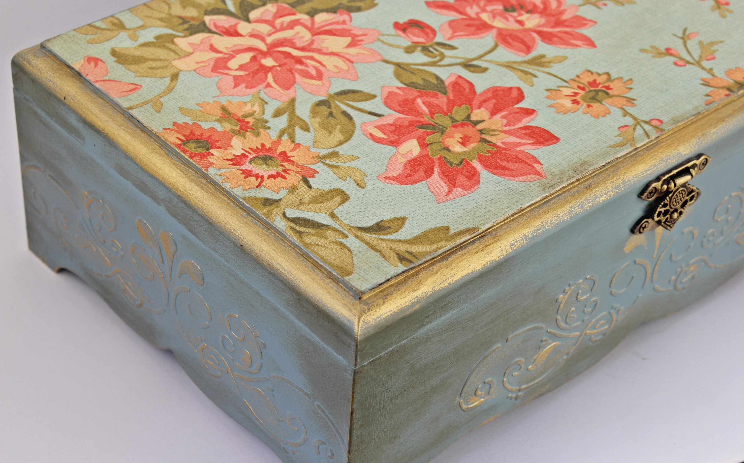 Large jewelry box roses blue keepsake box photo storage box Etsy