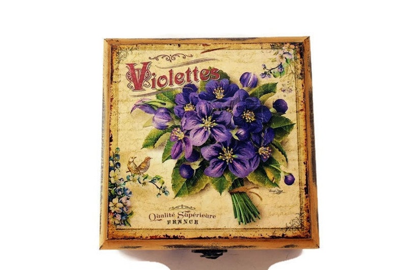 Wooden tea box with violets, jewelry storage box for woman, floral gift for mother in cottage chic style, elegant shabby retro keepsake box image 4