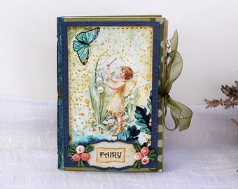 Small retro chic junk journal handmade with vintage fairies and frogs , mini shabby notebook, pocket size diary for girls who love to write