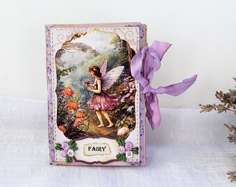 Small handmade retro chic junk journal with vintage fairies, mini shabby fae magic notebook, pocket size diary for girls who love to write