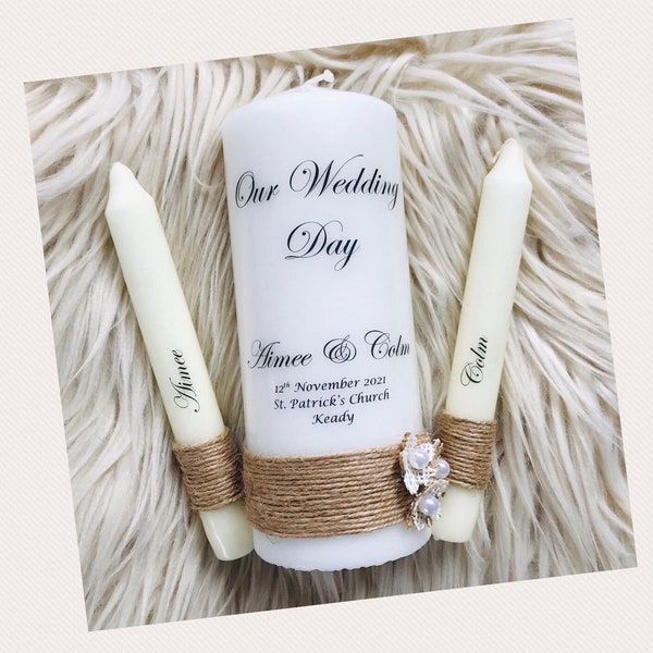 Personalised rustic hessian flowers & pearls Wedding Unity set candles, hand crafted, bespoke design