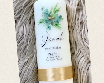 Personalised Christening candle, Personalised Baptism candle, Christening candle, Baptism candle, Baptismal candle, Eucalyptus Leaf, UK