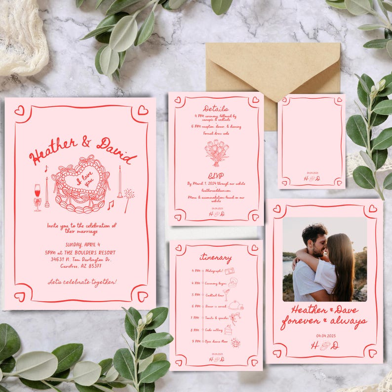 WEDDING INVITATION SET | Pink and Red Cake & Tulips | Digital Download ...