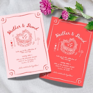 HOCHZEITSEINLADUNG SET | Rosa und Roter Kuchen & Tulpen | Digitaler Download | Spaß handgeschriebene Verlobungsfeier bearbeitbare elegante Illustration
