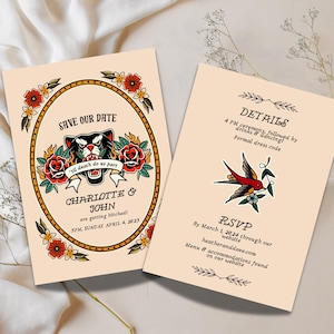 Itinerário de RSVP de CONVITE DE CASAMENTO | Tatuagem tradicional americana de onça | Download digital | Ilustração editável de festa de noivado feita à mão