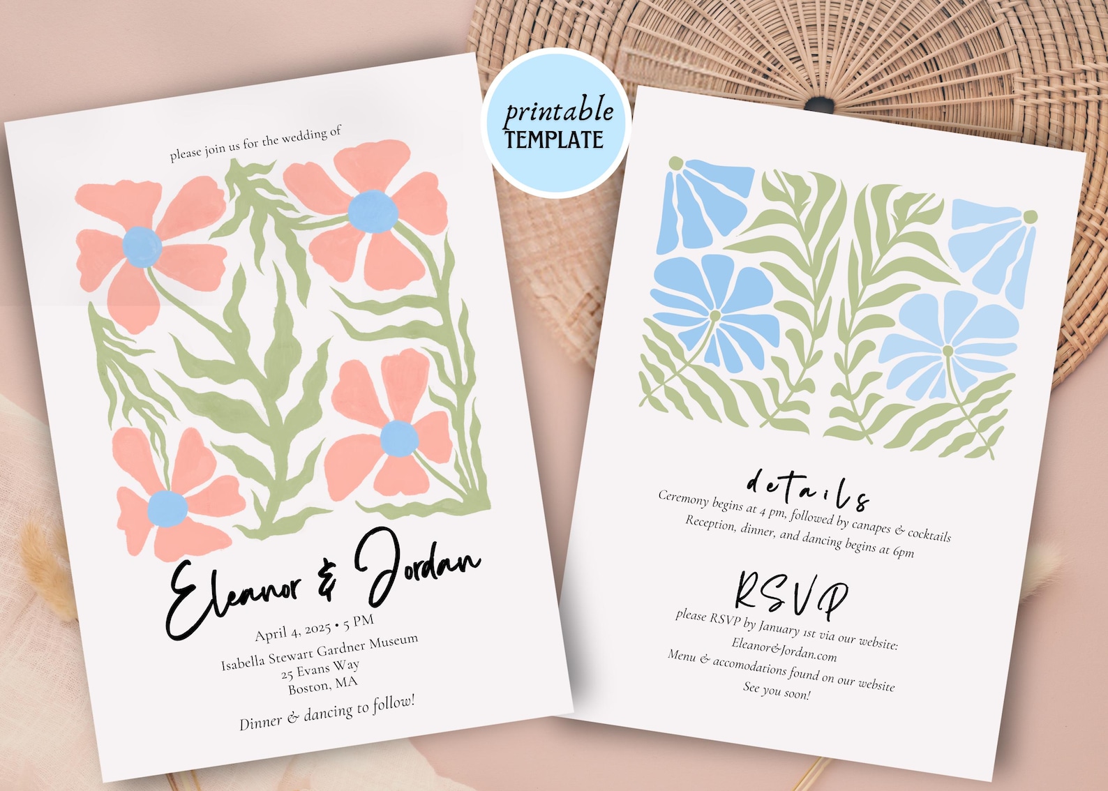 Pink Matisse Inspired Wedding Invite RSVP Itinerary | Digital Download ...