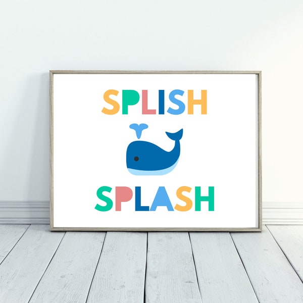 Kids Bathroom Art | Splish Splash Whale | 8x10 11x14 16x20 inch Instant Download