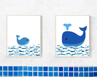 Whale Art Prints for Kids Bathroom | Instant Download | Set of 2 prints 8x10