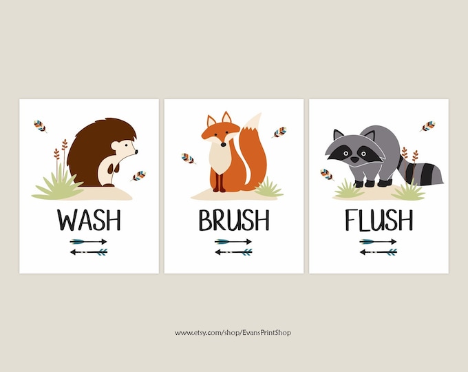 CANVAS Woodland Animals Bathroom Decor Set of 3 Woodland Creatures Wall Decor Fox Bathroom Wall Art Woodland Creatures Wall Art for Bathroom