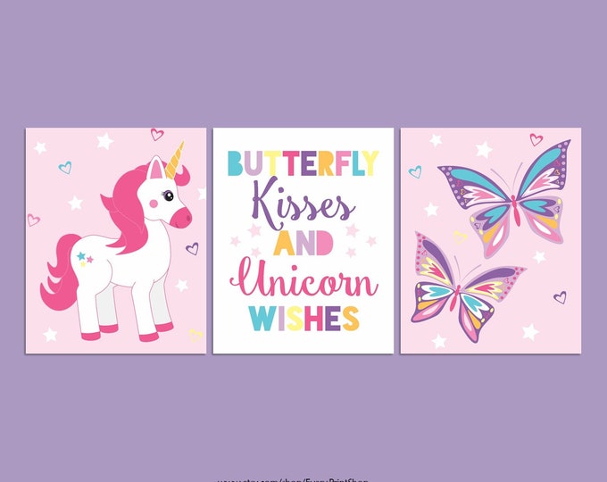 Rainbow Unicorns Canvas Art CANVAS Unicorn Wall Decor Set of 3 Unicorn Wall Art Butterfly Wall Art Butterfly Kisses Unicorn Wishes