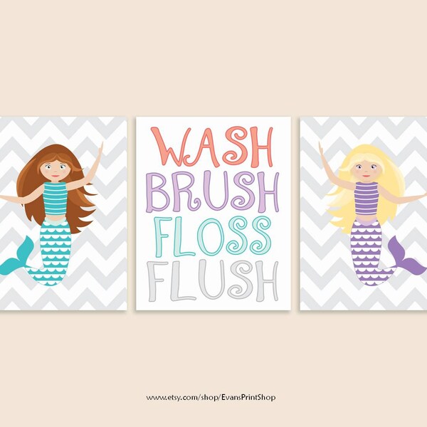Mermaid Bathroom Art Prints - Set of 3 - Mermaid Bathroom Decor - Childrens Bathroom Art - Sisters Bathroom Decor - Wash Brush Floss Flush