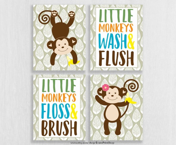 Monkey Bathroom Art Prints Set Of 4 Sibling Bathroom Decor Etsy