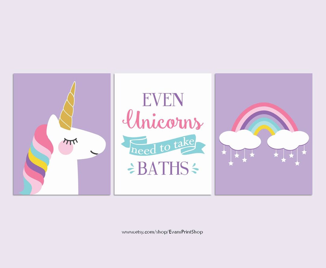CANVAS Unicorn Bathroom Decor Set of 3 Unicorn Wall Art Bathroom Rules