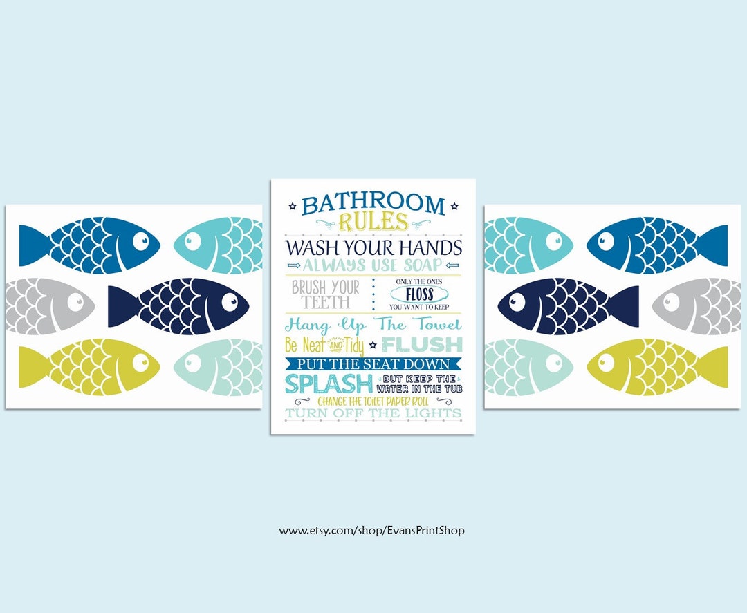 CANVAS Fish Bathroom Wall Decor Set of 3 Navy Blue Aqua Etsy