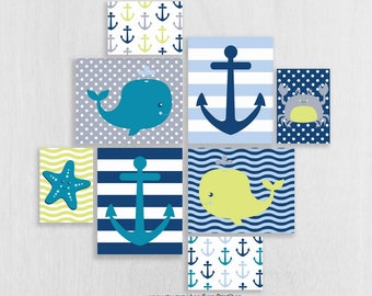 Whales and Anchors Nursery Art Prints Set of 8 - Under the Sea Nursery Art - Whales n Waves - Sea Themed Nursery - Nautical Wall Art