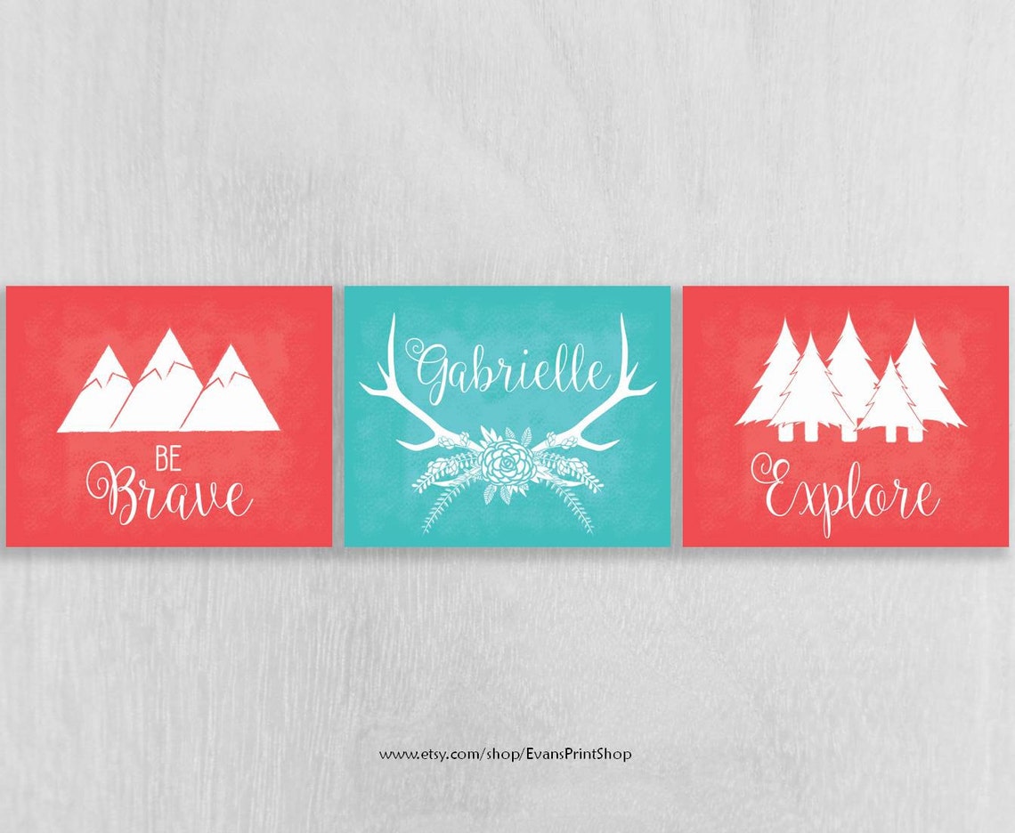 CANVAS Woodland Nursery Art Set of 3 Navy and Pink Nursery Etsy