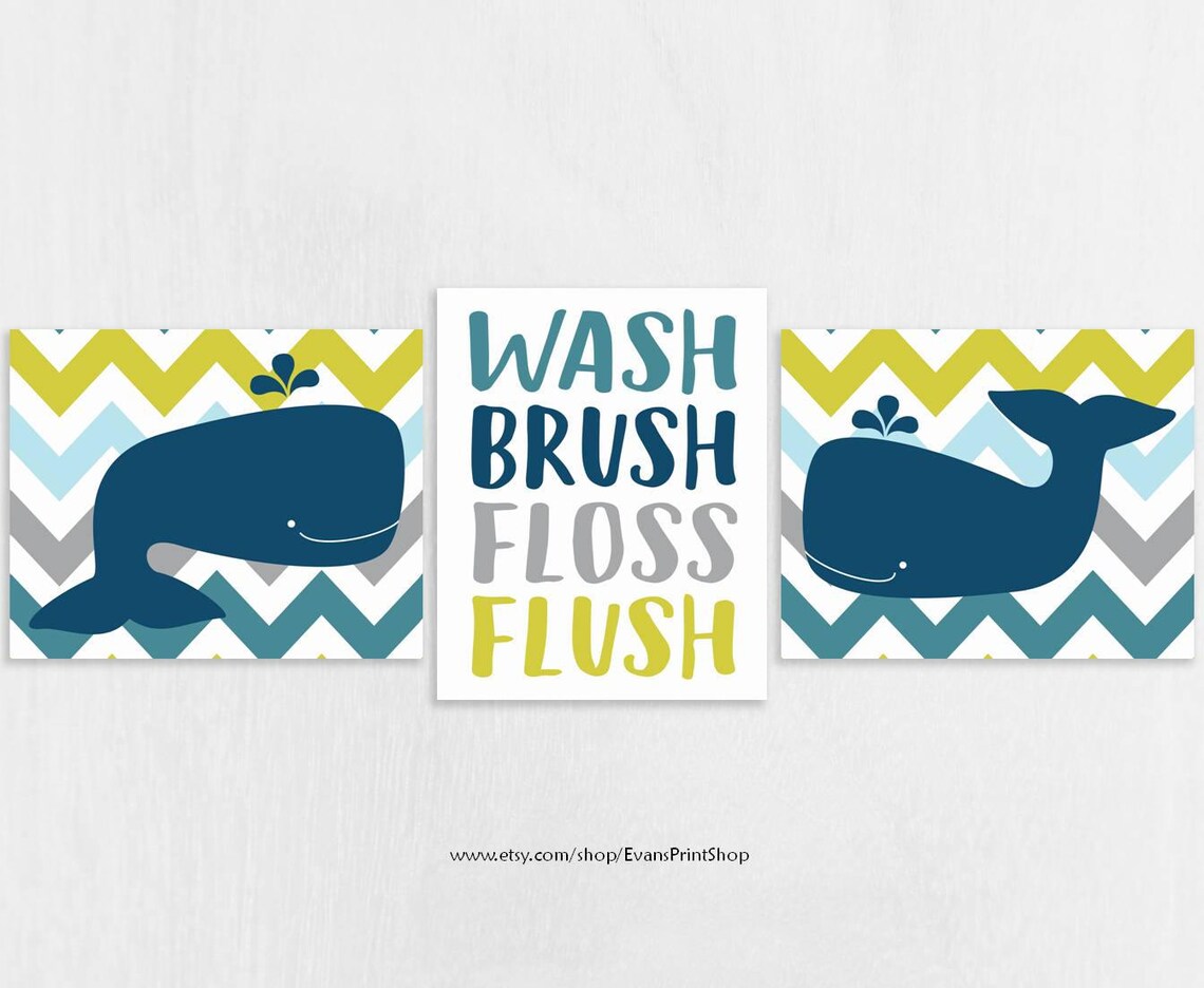 CANVAS Whale Bathroom Wall Decor Set of 3 Wash Brush Floss Etsy