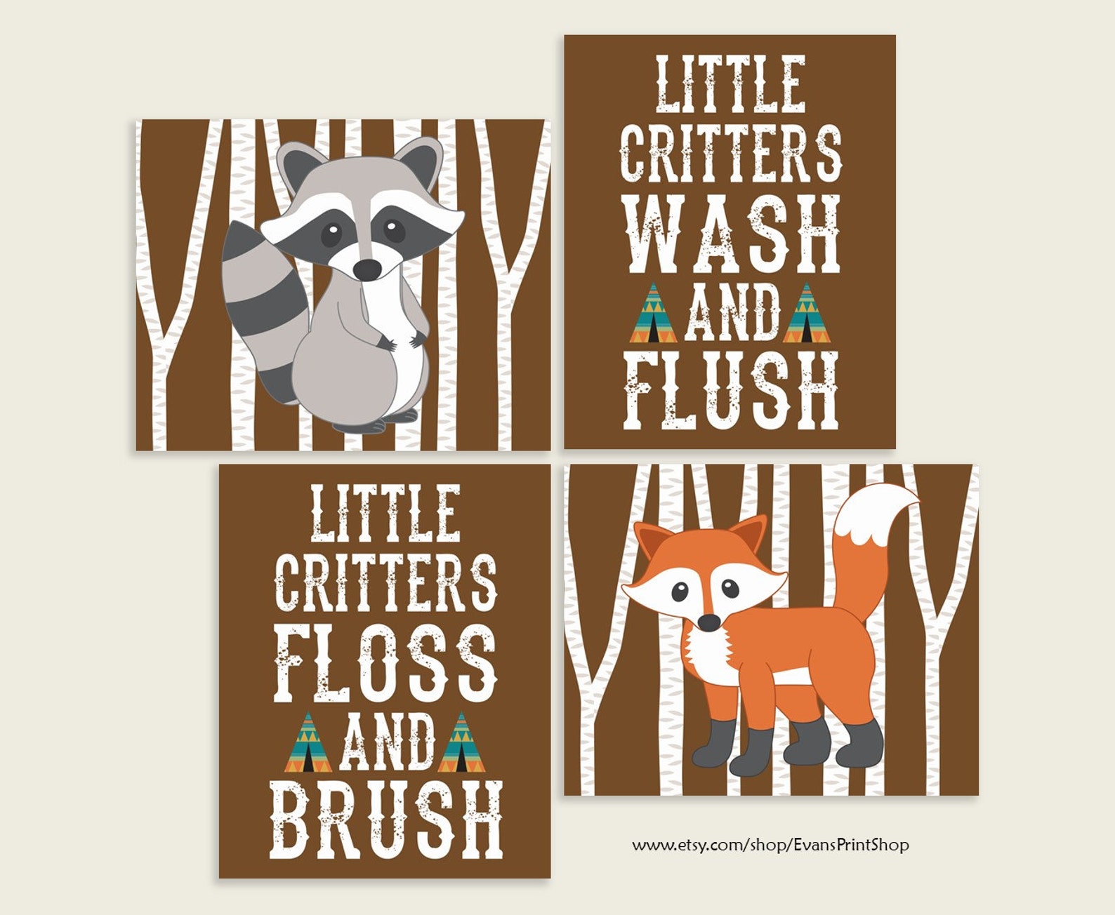 Woodland Bathroom Art Prints Set of 4 Woodland Bathroom Decor Woodland