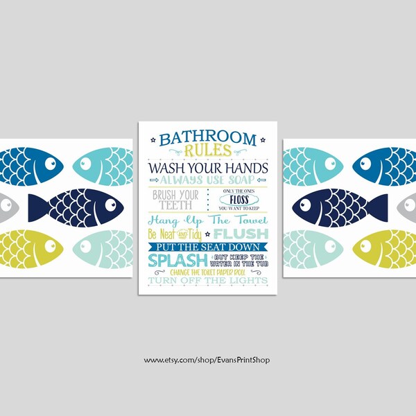 Fish Bathroom Art Prints Set of 3 - Fish Bathroom Decor - Kids Bathroom Decor - Boy Bathroom Art - Nautical Bathroom Wall Decor