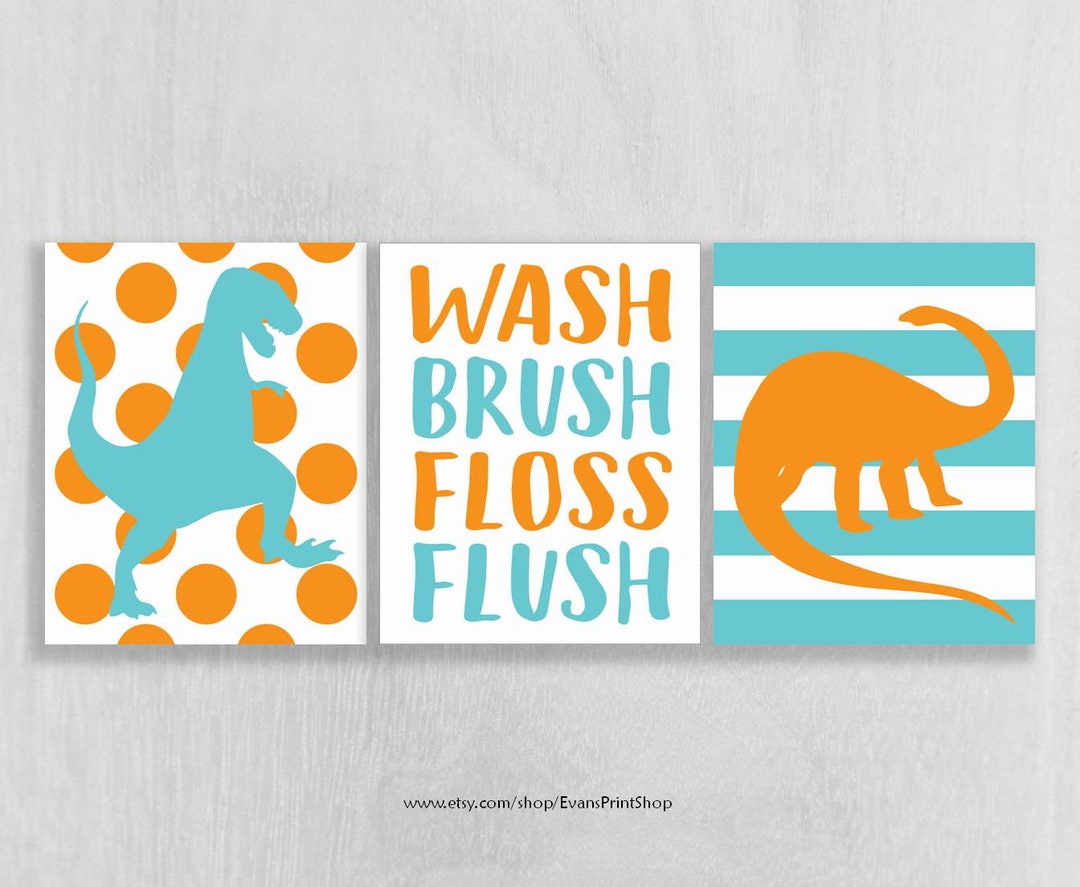 CANVAS Dinosaur Bathroom Wall Decor Set of 3 Wash Brush Etsy