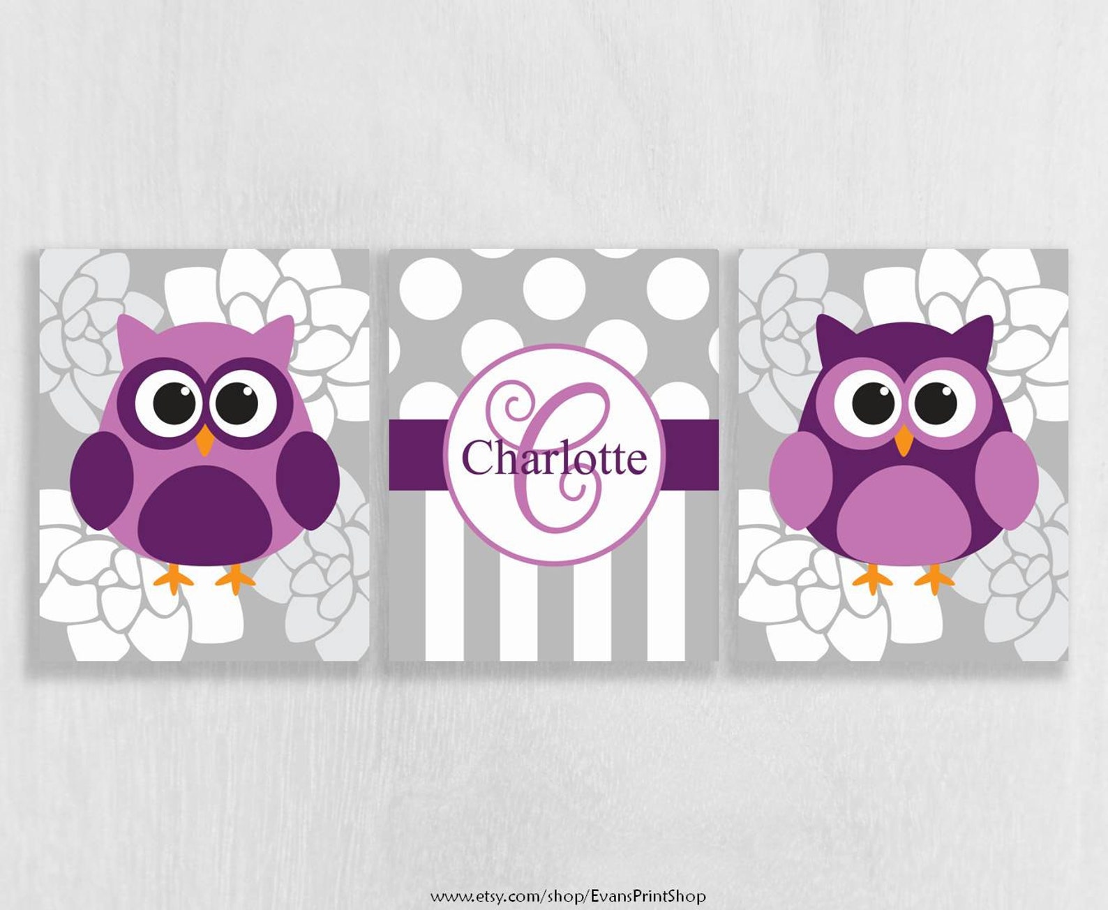 Purple Nursery Wall Decor Print Set of 3 Owl Nursery Decor Etsy
