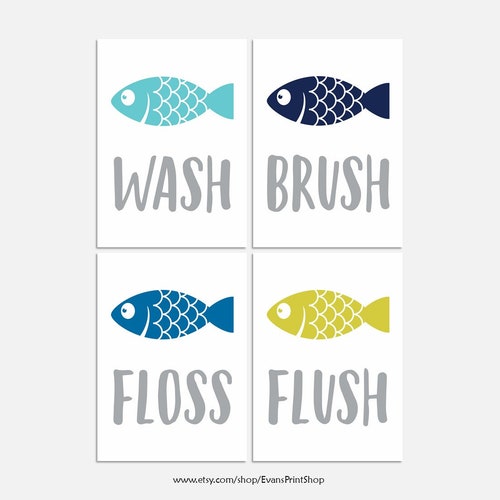 Fish Bathroom Art Prints Set of 3 Fish Bathroom Decor Kids Etsy