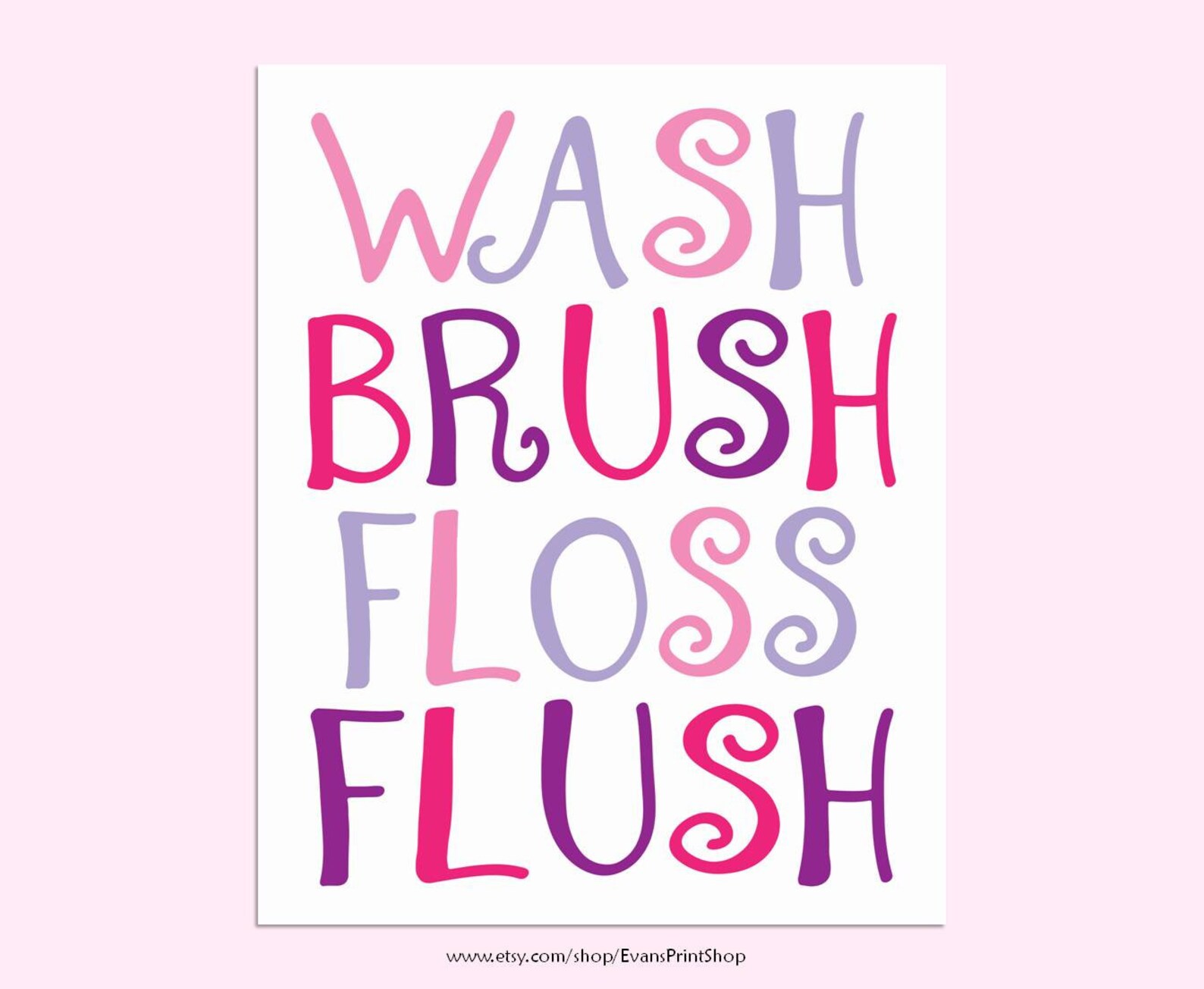 Pink and Purple Bathroom Art Print Wash Brush Floss Flush Etsy