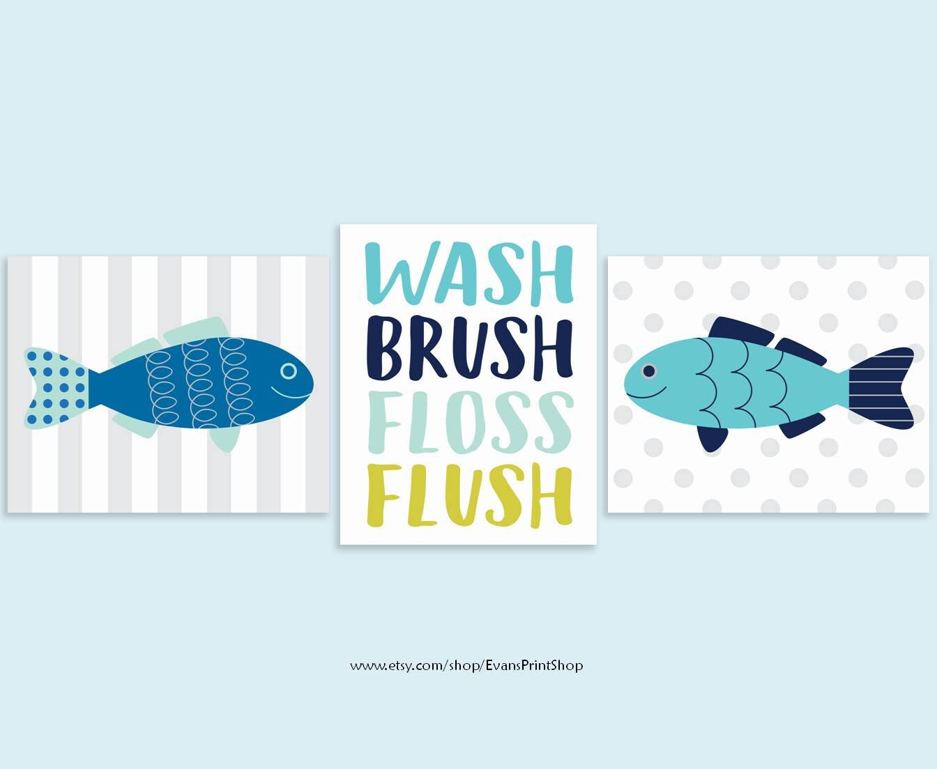 CANVAS Fish Bathroom Wall Decor Set of 3 Wash Brush Floss Etsy