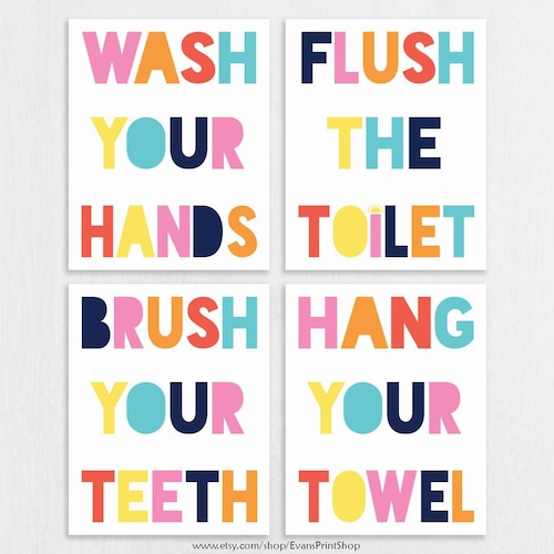 Colorful Kids Bathroom Printable Signs Set of 4 Brush Your | Etsy