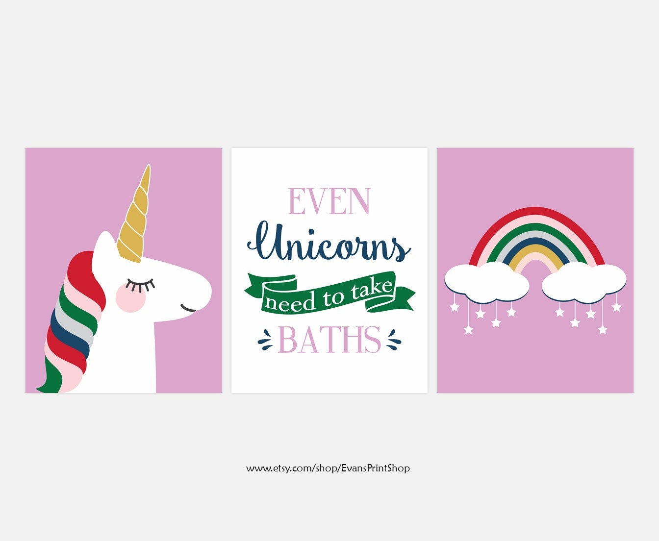 CANVAS Unicorn Bathroom Decor Set of 3 Unicorn Wall Art Etsy