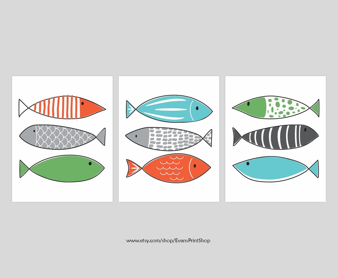 CANVAS Fish Bathroom Wall Decor Set of 3 Shared Bathroom Etsy