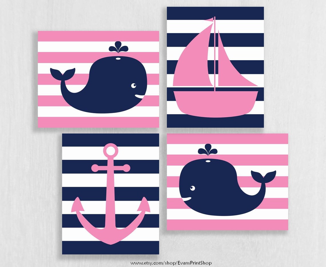 CANVAS Whale Nursery Decor Pink and Navy Nursery Wall Art Etsy