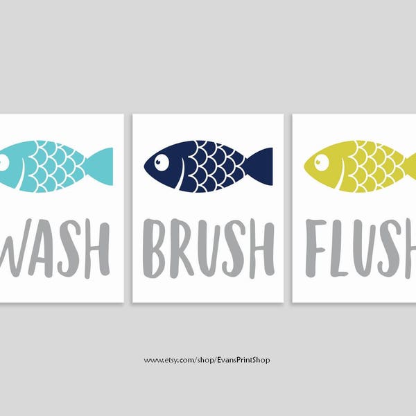 Fish Bathroom Decor - Set of 3 Art Prints - Fish Bathroom Wall Art - Kids Bathroom Decor - Gender Neutral Bathroom - Shared Bath Decor