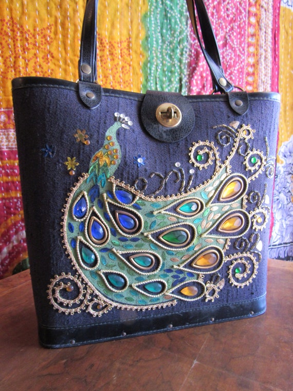 1960s/ 1970s Bejeweled Peacock Box Purse - image 2