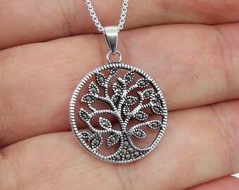 Circle Tree of life with zircon necklace, 925 silver tree of life