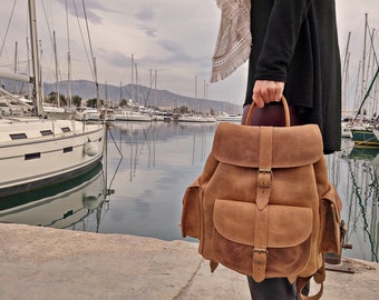 Sac à dos en cuir ciré - Sac à dos en cuir pleine fleur, fabriqué à la main en Grèce. Grande taille.