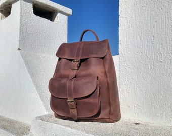 Waxed Brown LEATHER BACKPACK, Full Grain Leather Rucksack, Large Size Backpack. Handmade in Greece.