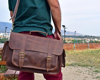 Full Grain Leather Messenger Bag Gift For Him, Leather Briefcase for 15 inch Laptop, Business Bag, Office Bag.