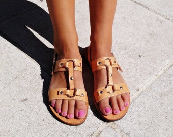 Handmade Leather Slingback Sandals: Natural Brown Calf Leather, Greek Design