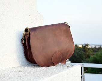 Shoulder Bag Purse for Women Handmade of Real Full Grain Leather in Waxed Brown Color