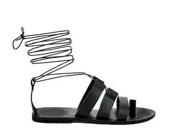 Lace Up Gladiator Sandals: Handmade Black Leather Greek Sandals