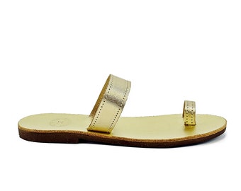 Gold Leather Gladiator Sandals: Handmade Greek Toe Ring Shoes