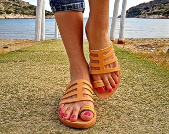 Ancient Greek Gladiator Sandals in Natural Brown Leather Color, Greek Sandals, Flat Sandals Women Handmade of Genuine Leather.